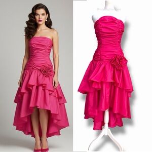 VTG 1989 Mike Benet Fuchsia Pink 80s Prom Dress Ruffle High Low 10 Modern XS/0